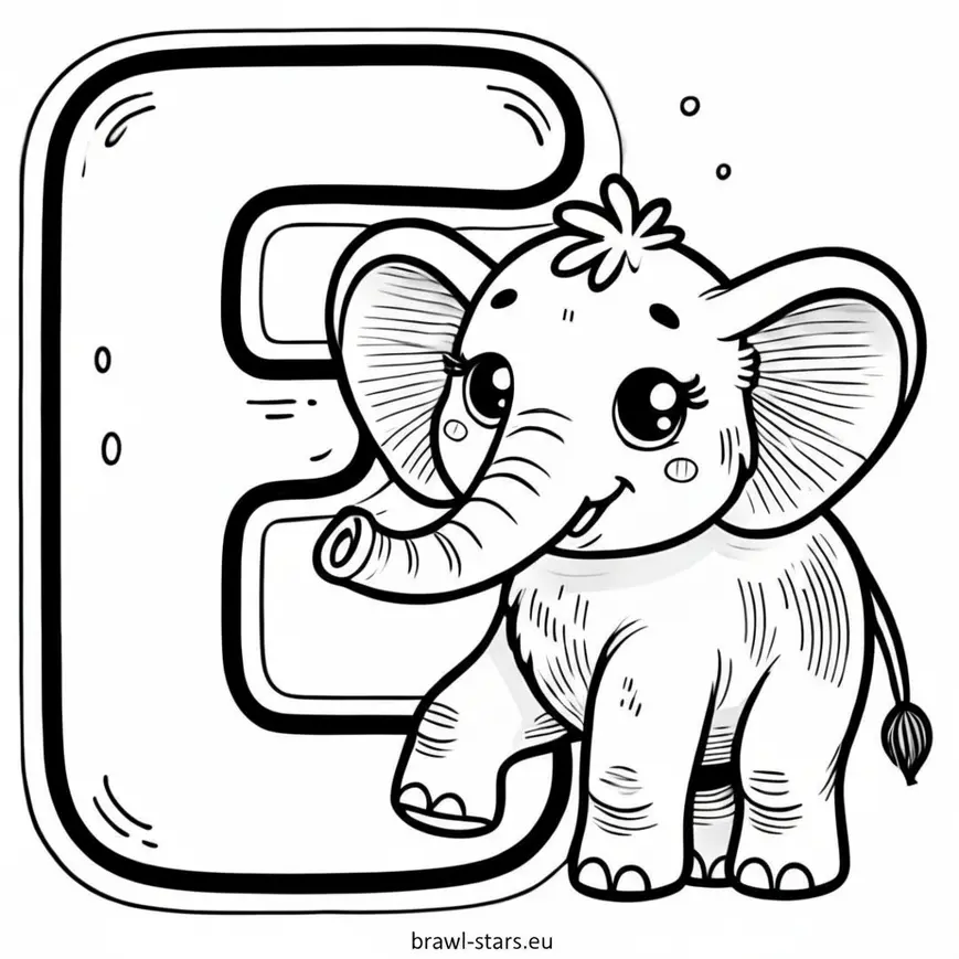 Coloring page letter E with an elephant